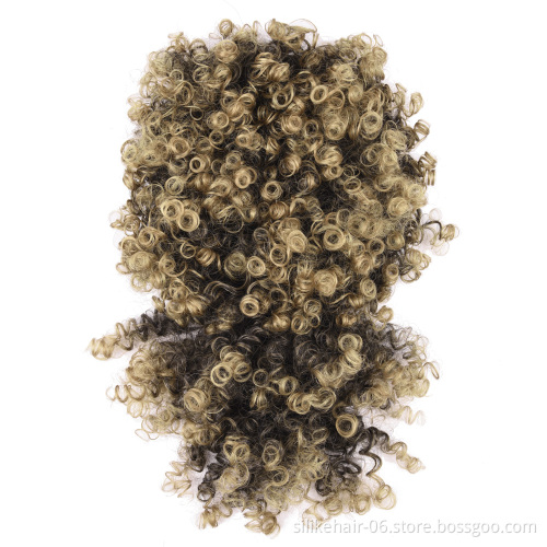 Brown Black Afro Kinky Curly Wig Ponytail Drawstring Short Pony Tail Warp Bun Chignon with Bang Synthetic Hair Extensions